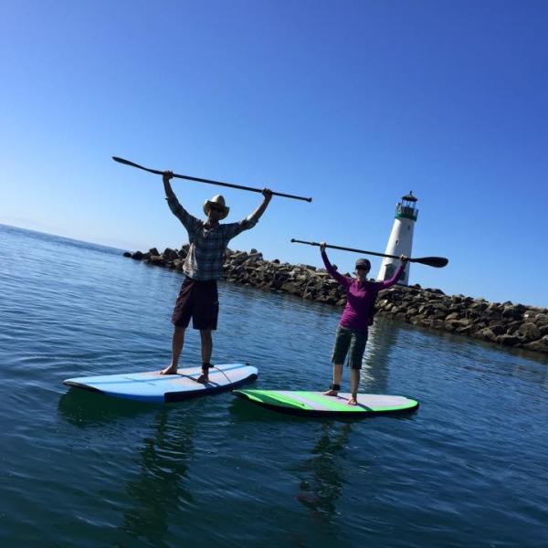 Paddle boarders raising paddles