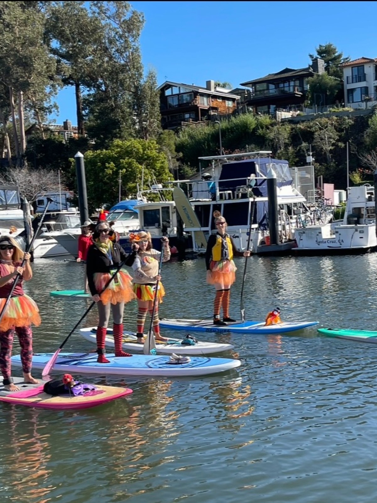Five people in colorful costumes paddleboarding on a calm river.